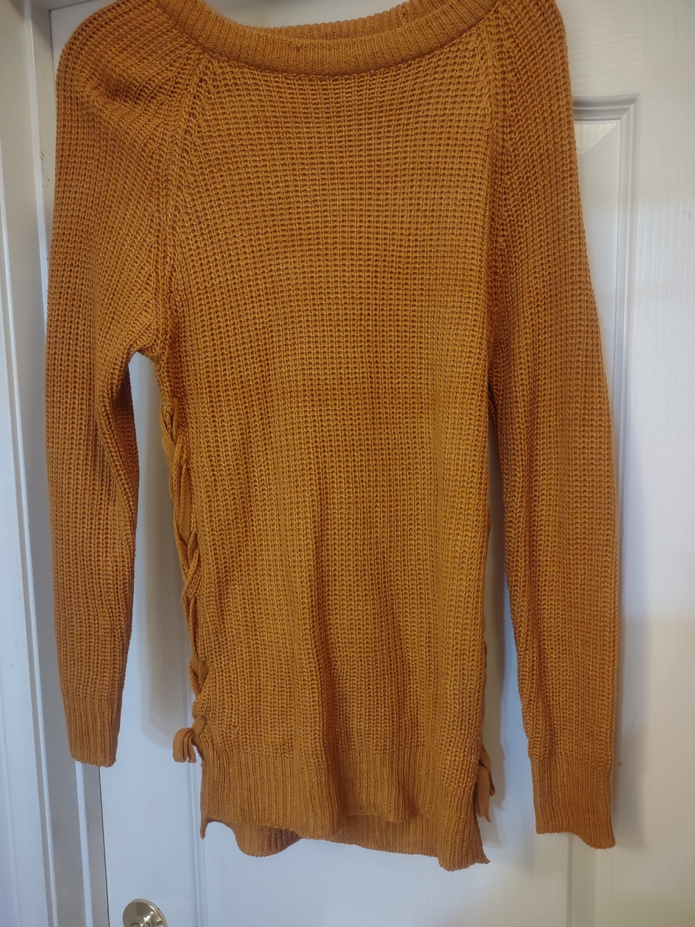 Women's Mustard Lace-Up Side Knit Sweater Crew Neck
